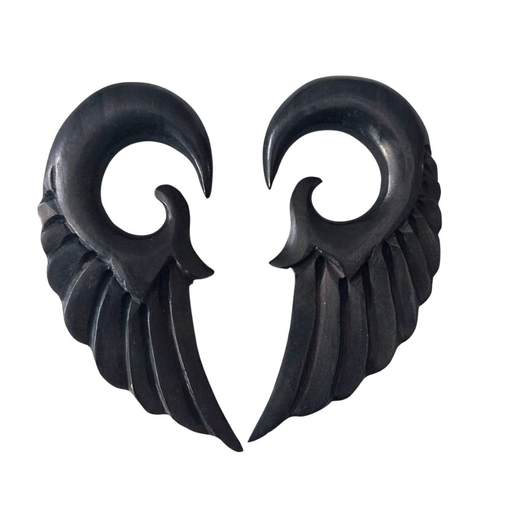 Organic ANGEL WING Black Wooden Ear‎ Expander Plugs Gauge Carved Wood Earrings